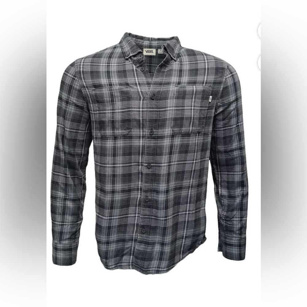 VANS Men”s Classic Vendor Grey Plaid Knitted Button Down  Shirt LS Shirt Size M